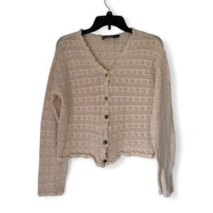 Women's Street wear Cream crochet cardigan button front scalloped hem M Medium